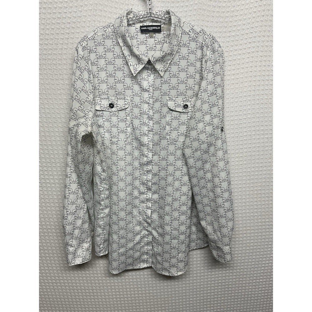 Karl Lagerfeld Shirt L Cream Parisian Profile Logo Button Up Long Sleeve Blouse